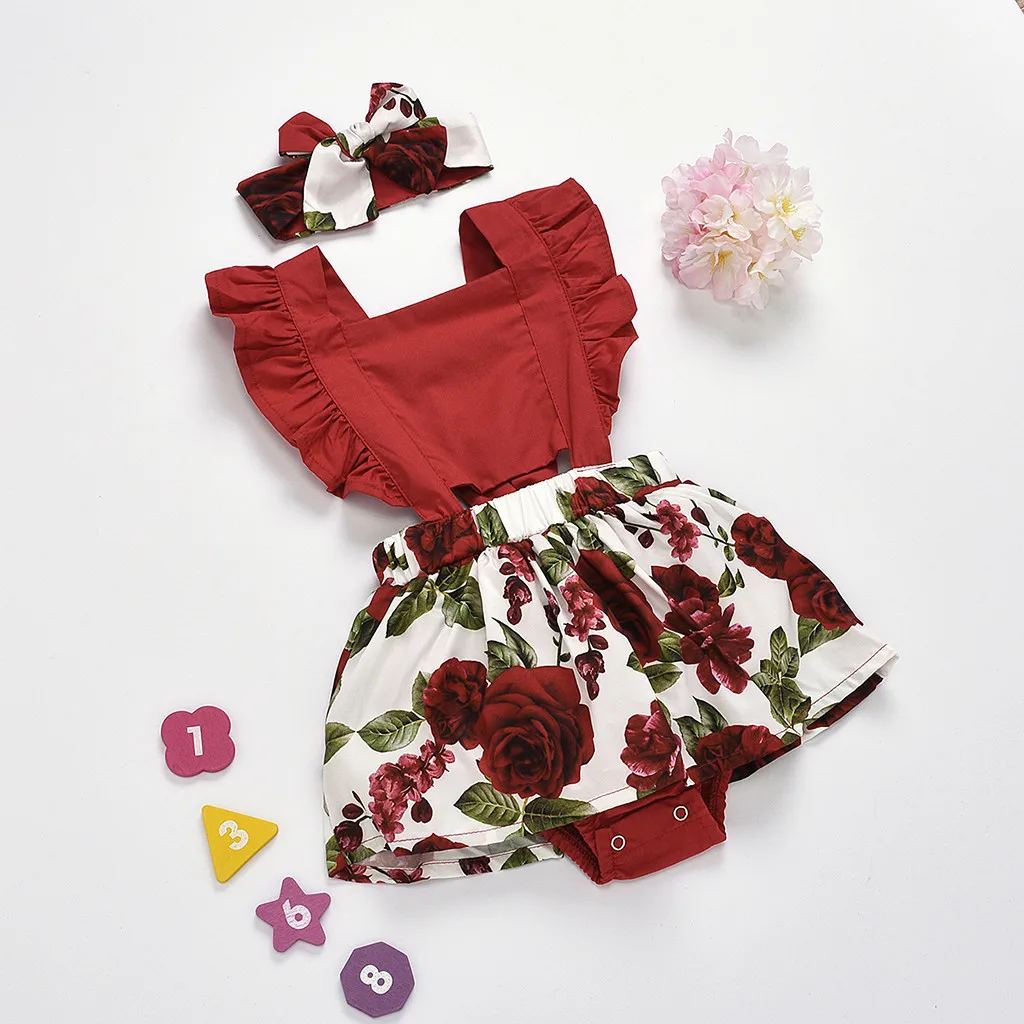 

Summer Baby Short Ruffle sleeve For Clothing Girl Baby Printing Skirt Garment Headwear Two Piece Suit Clothes Sets For Babies
