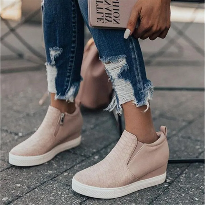 

Fashion Leather Women's Vulcanize Med Heel Wedges Sneaker Slip On Shallow Female Casual Shoes Breathable Waterproof Ladies Shoes