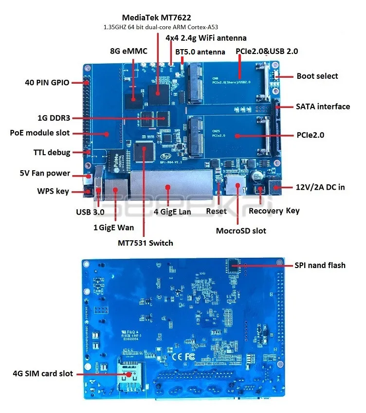 BPI-R64 Banana Pi MT 7622 с открытым исходным кодом wifi маршрутизатор макетная плата MT7622 4 Gigabit Порты lan 1 порт Gigabit WAN 64 бит чип