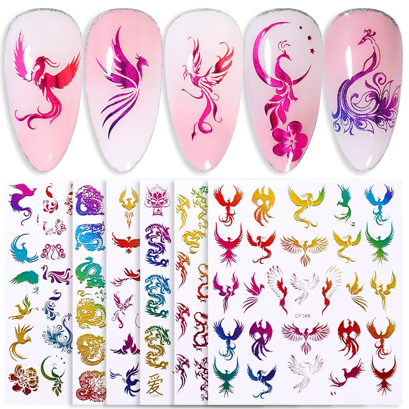 

1Pcs 3D Nail Art Stickers Gold Bronzing Dragon Pattern Transfer Decals Colorful Phoenixs Nail Foils Manicuring DIY Tips