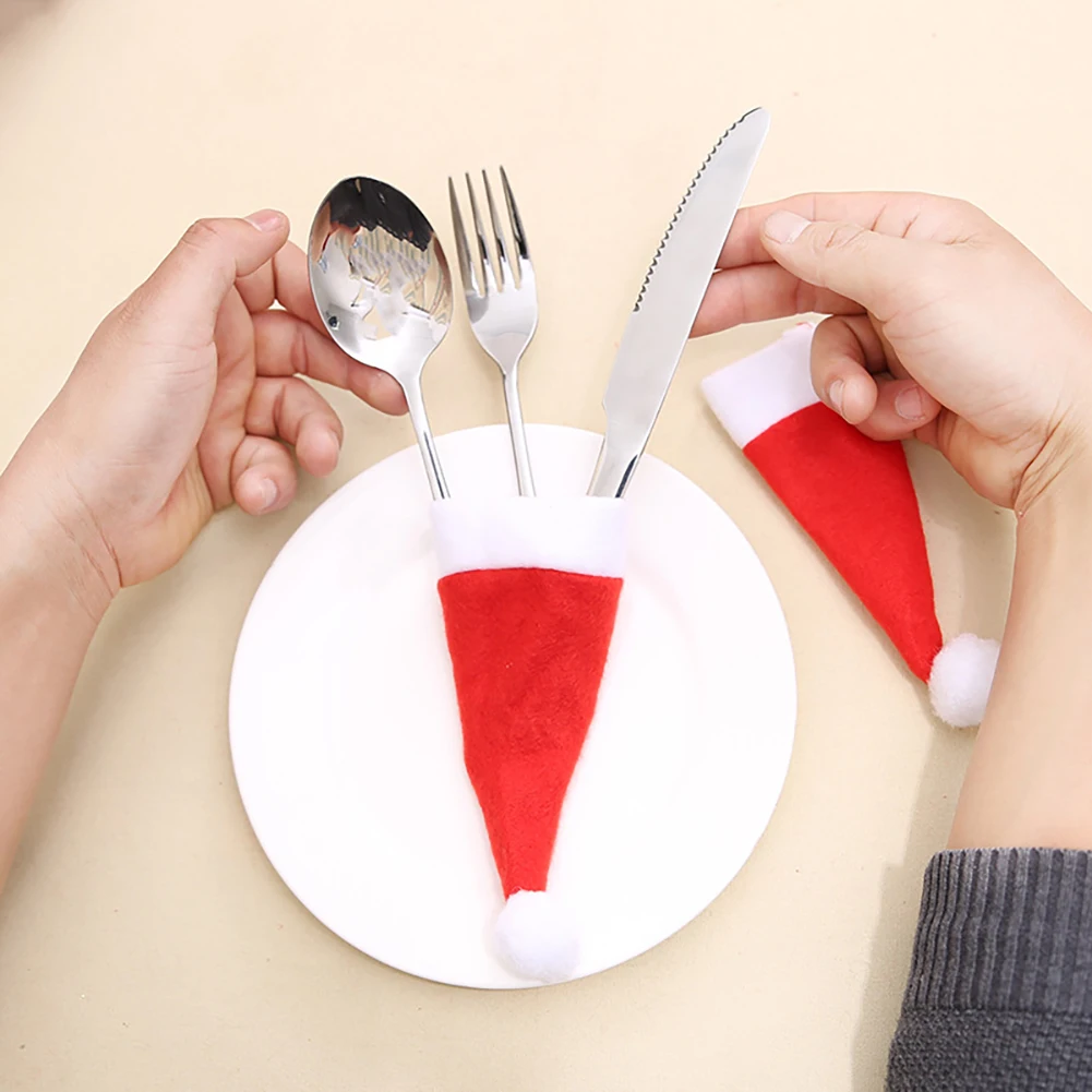 

5/10pcs Tableware Holder Bag Christmas Hat Christmas Christmas Decorations Home Decoration Accessories Kitchen Tableware Holder