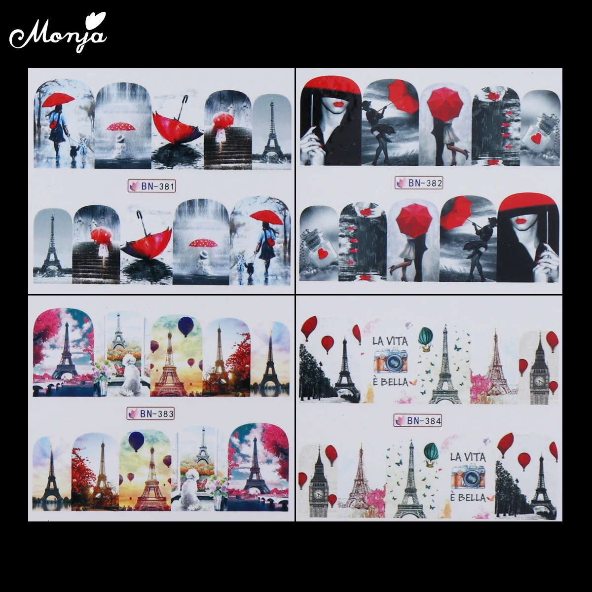Наклейки для дизайна ногтей Monja 12 листов переводные наклейки клен Эйфелева башня