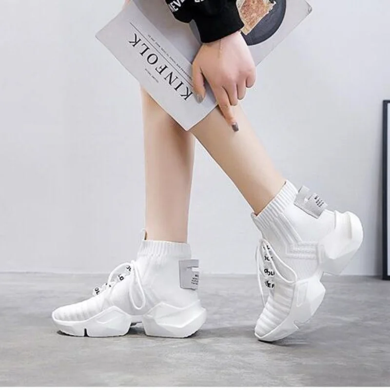 

2021 Spring Autumn Style version New High-top Platform Sneakers Women Knitted Casual Shoes Women Sneakers Chunky Plus Size 35-41
