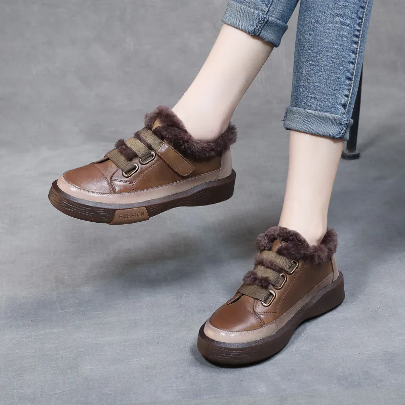 

Женские туфли из натуральной кожи в стиле ретро, мягкие зимние кроссовки на платформе, удобная обувь ручной работы с мехом