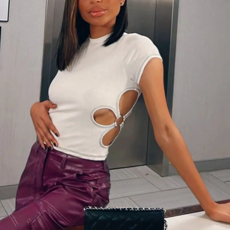 

Yimunancy Women White O-neck Crop Top 2022 Summer Flowers Hollow Out Short Sexy Tshirt Street Style Clothing
