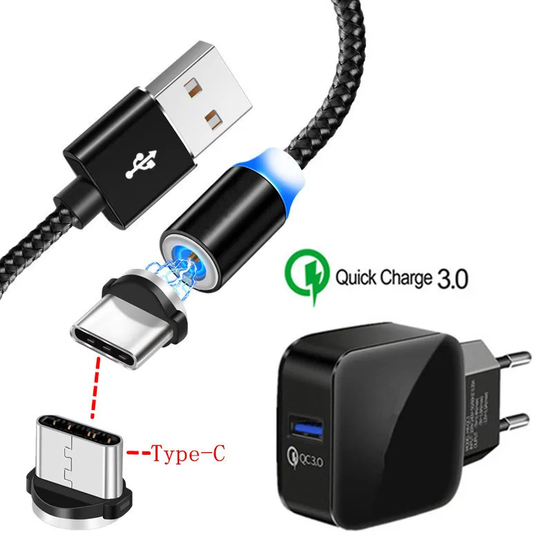 EU charger and cable QC 3,0 USB быстрое зарядное устройство для телефона samsung A50 A20 A80 S8 S9 huawei P30 Lite P20 Honor 20 9X OnePlus 7 Pro Магнитный кабель type C - Тип штекера: EU charger and cable