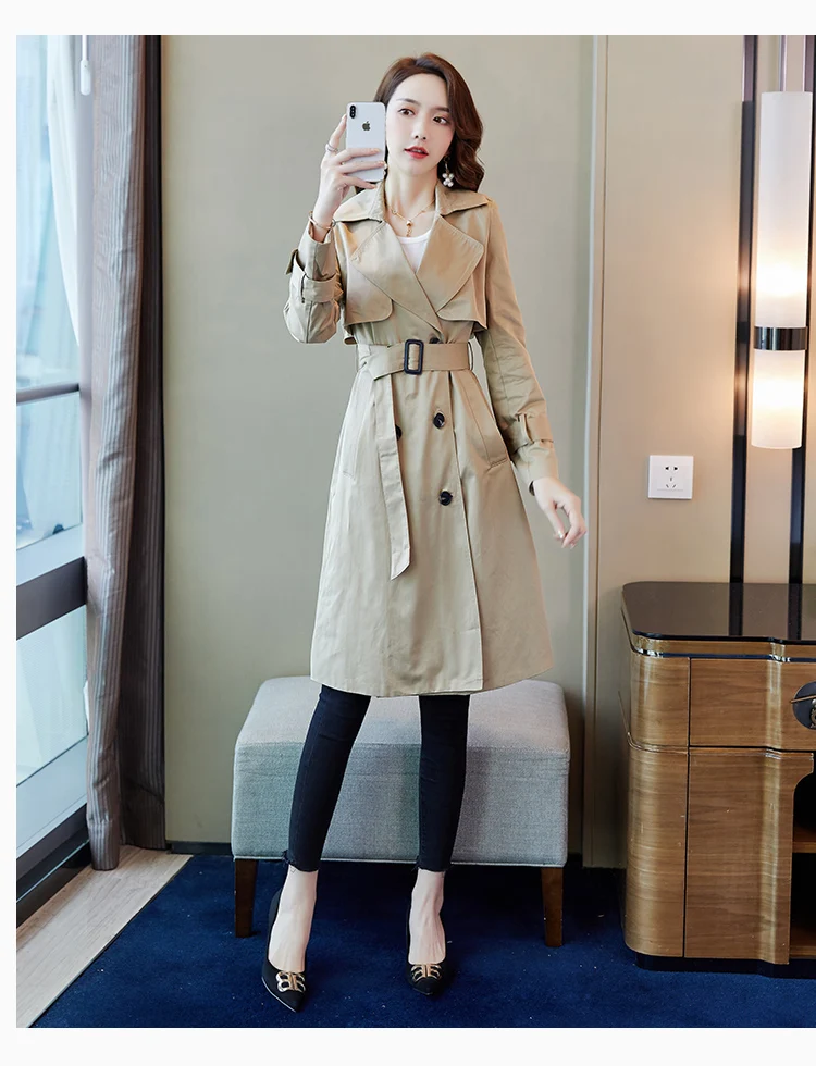 Женская двубортная ветровка без бретелек Женский Повседневный длинный тренчкот