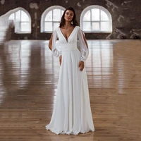 2021 new hot sale white wedding dresses chiffon long sleeves wedding gowns v neckline bridal dresses boho back out affordable