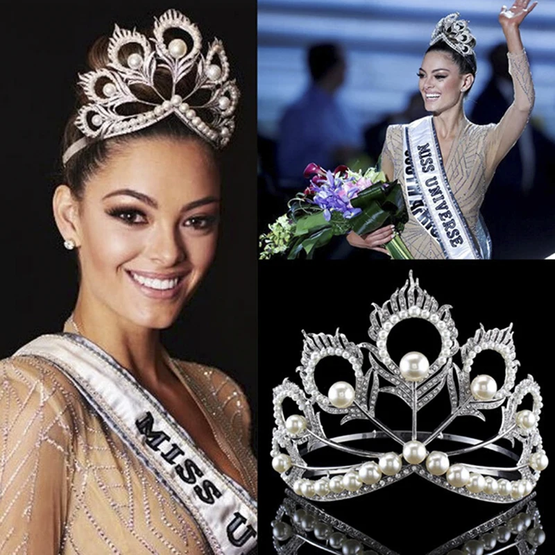 

Свадебная тиара ручной работы с жемчугом и кристаллами, большая корона для волос, повязка на голову для конкурса Вечерние