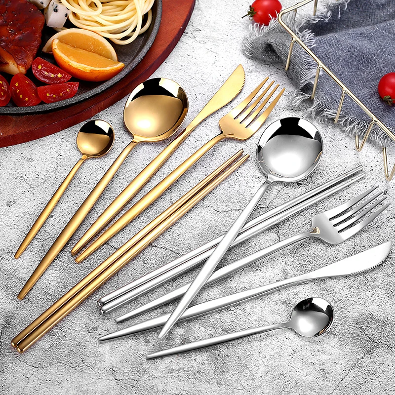 

8PCS Gold Cutlery Sets Golden Spoons Cutlery SetStainless Steel Knife Fork Coffee Spoon Chopsticks Mirror Dinnerware Set