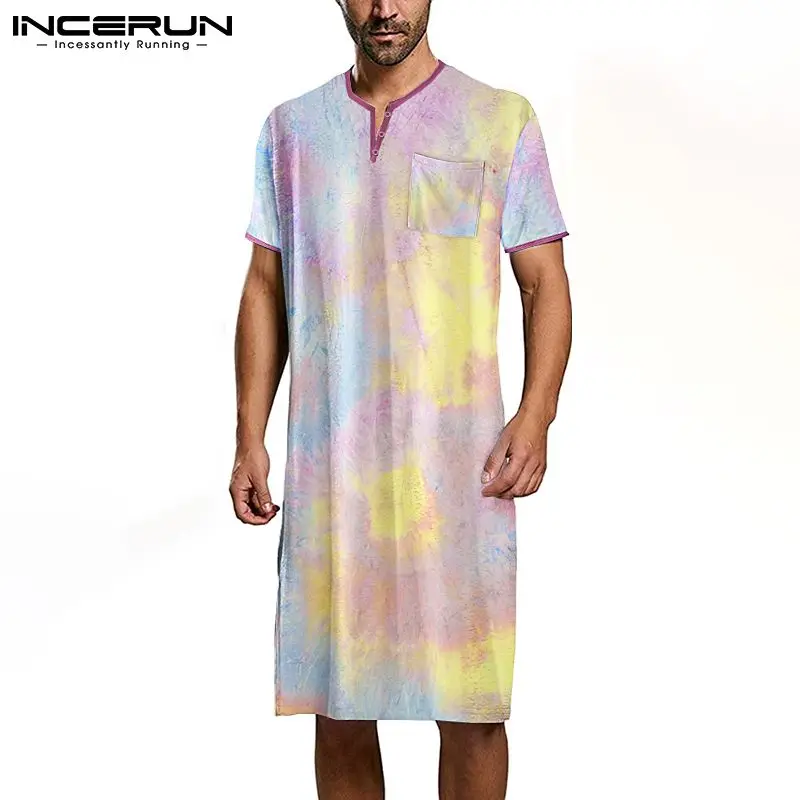 

INCERUN Short Sleeve Round Neck Comfortable Bathrobes Men Leisure Tie Dye Printed Sleep Robes Man Casual Buttons Homewear S-5XL