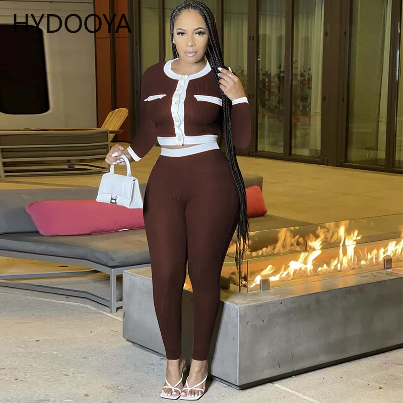 

Tracksuit Women Casual 2 Piece Sets Fitness Color Block Splcied Button Up Crop Top Pencil Leggings OL Matching Outfit Activewear