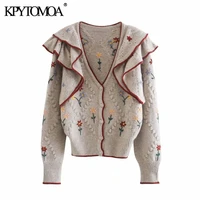 kpytomoa women 2021 sweet fashion floral embroidery ruffled knit cardigan sweater vintage long sleeve female outerwear chic tops