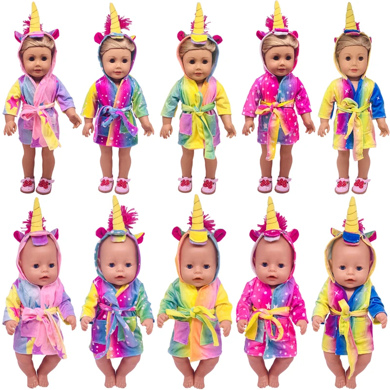 

2021 New Baby New Born Fit 17 inch 43cm Doll Clothes Accessories 5 Color Robe Unicorn Suit For Baby Birthday Gift