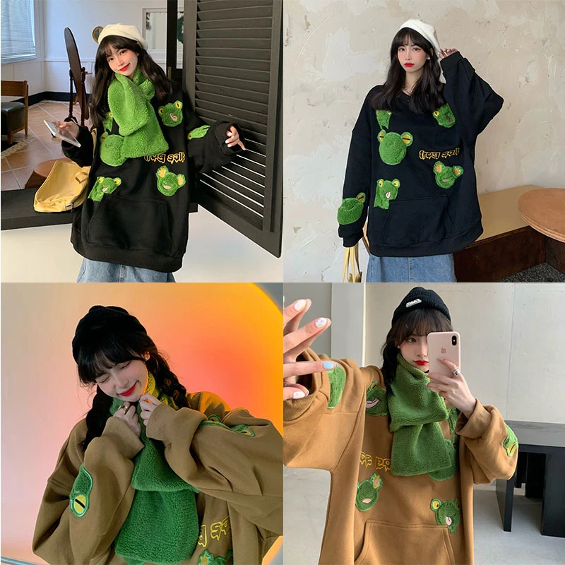 

Women Fun Sweatshirt with Scarf Frog Pattern Loose Pullovers Fashion Casual Long Sleeve Oversize Sweatshirt LXH