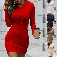 2022 womens autumn temperament waist solid color hooded casual sexy v neck bag hip skirts women long sleeve sweaters mini dress