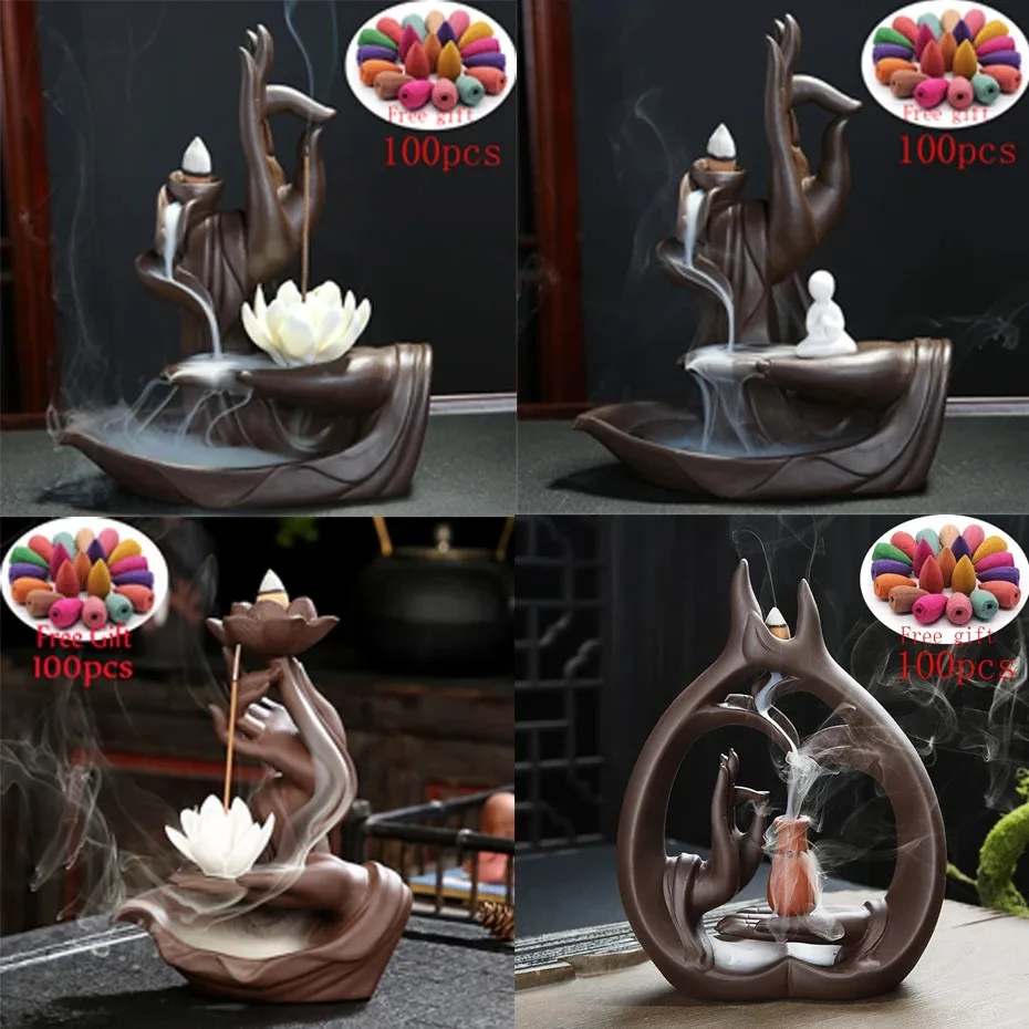 

Zen Buddha Hand Incense Burners Backflow Incense Burner Holder Lotus Home Decor Joss Stick Aroma Tower Censer Home Unique Crafts