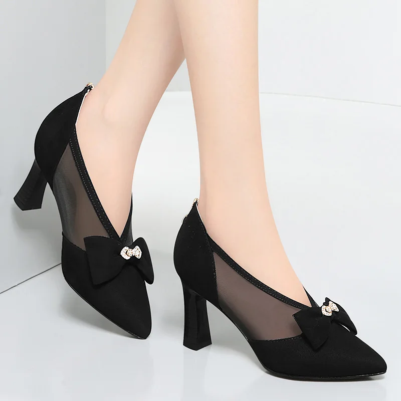 

Leather Bow High Heels Women's Spring And Autumn Thick Heel Openwork Mesh Sandals Women's Joker Shoes