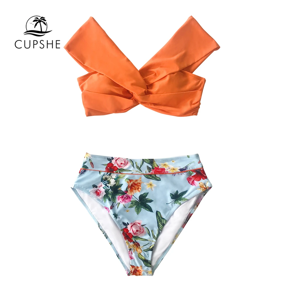 CUPSHE Оранжевый Цветочный скрученный комплект бикини с высокой талией сексуальный