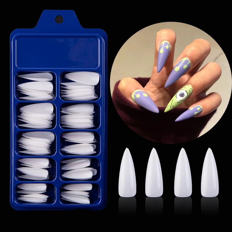 

100pcs/Box False Nails Stiletto Claw Tips Full Cover Sharp Nails Manicure Acrylic UV Gel Natural Clear Long Faux Ongles Salon
