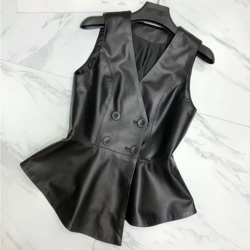 

OL 100% Genuine Designer Leather Vest Women Slim Double Breasted Short Waistcoat V-Neck Party Lady Sheepskin Sleeveless Jacket