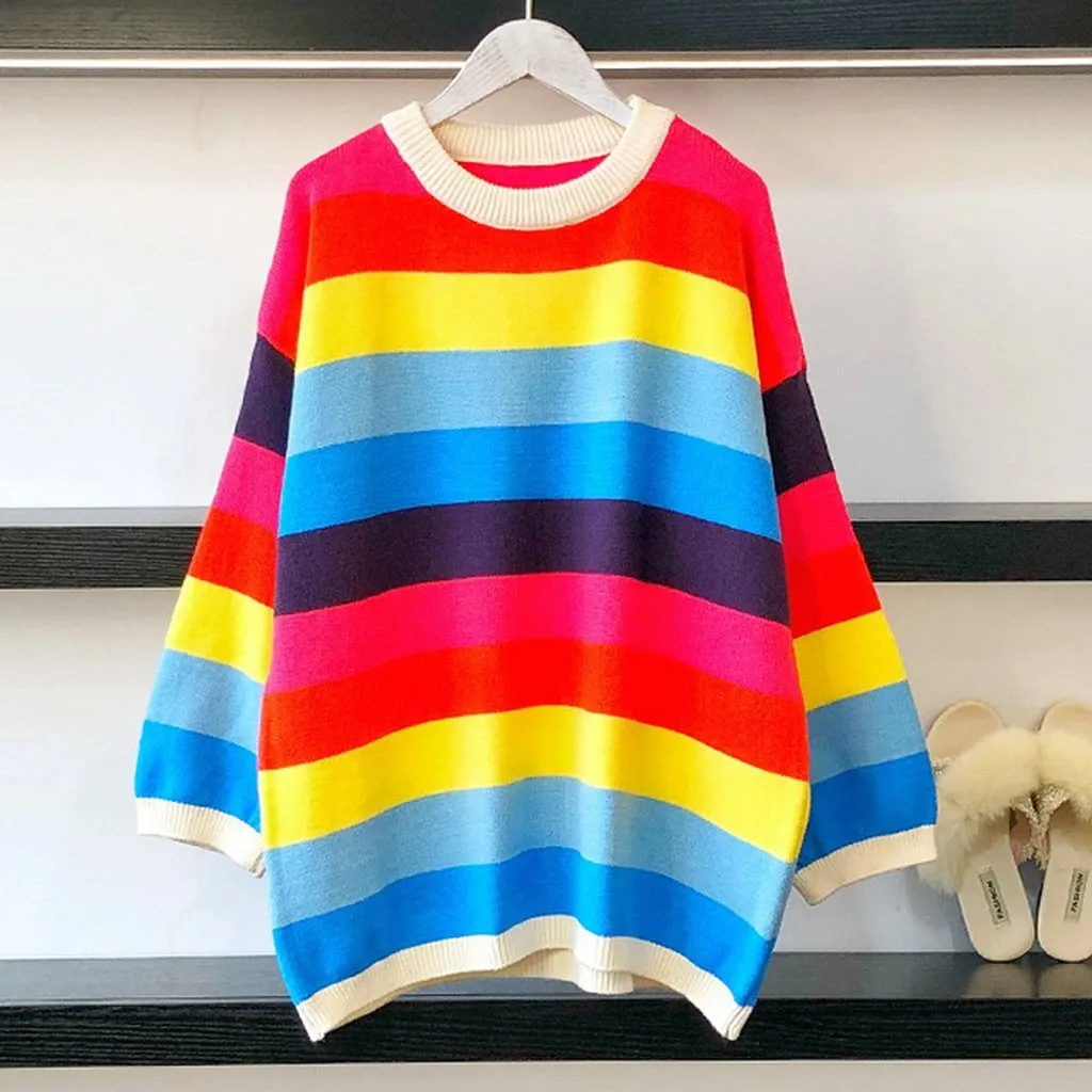 Женский трикотажный свитер-водолазка Свободный джемпер с разноцветным радужным