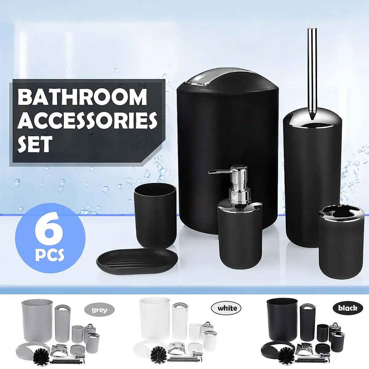 

6Pcs Black Bathroom Accessories Toothbrush Holder Bin Soap Dish Dispenser Tumbler Toilet Brush Toilet Bathroom Set Green White