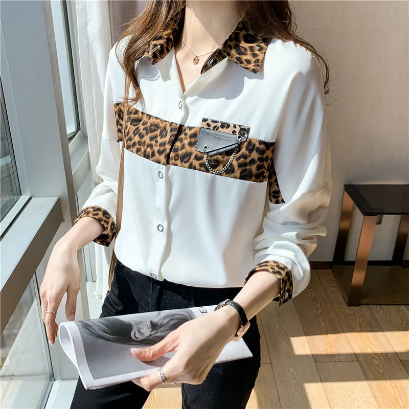 

Женская офисная блузка с длинным рукавом, элегантная леопардовая рубашка в полоску с отложным воротником на осень