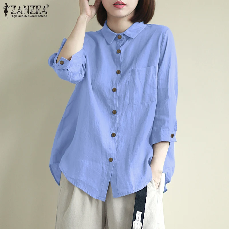 

Осень 2021, однотонная блузка на пуговицах с рукавом 3/4, женская элегантная Свободная рубашка с отворотом, повседневная Офисная Рабочая сороч...