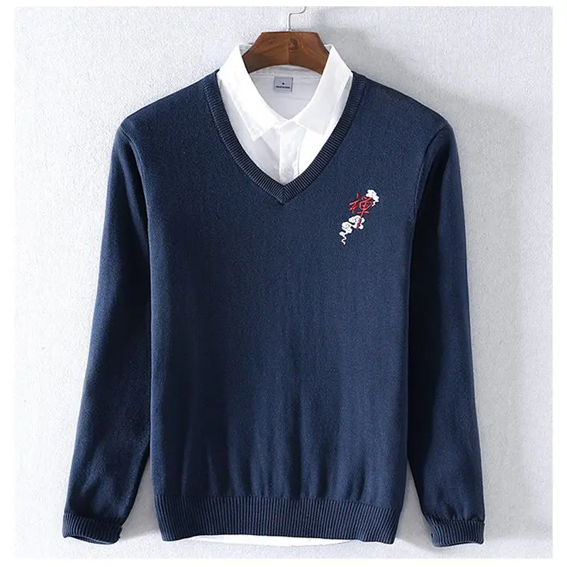 High Quality Chinese-Style Mens Long Sleeve V-Neck Sweaters 100% Cotton Casaul knitted Clothes Fashion Slim Male Tops | Мужская одежда