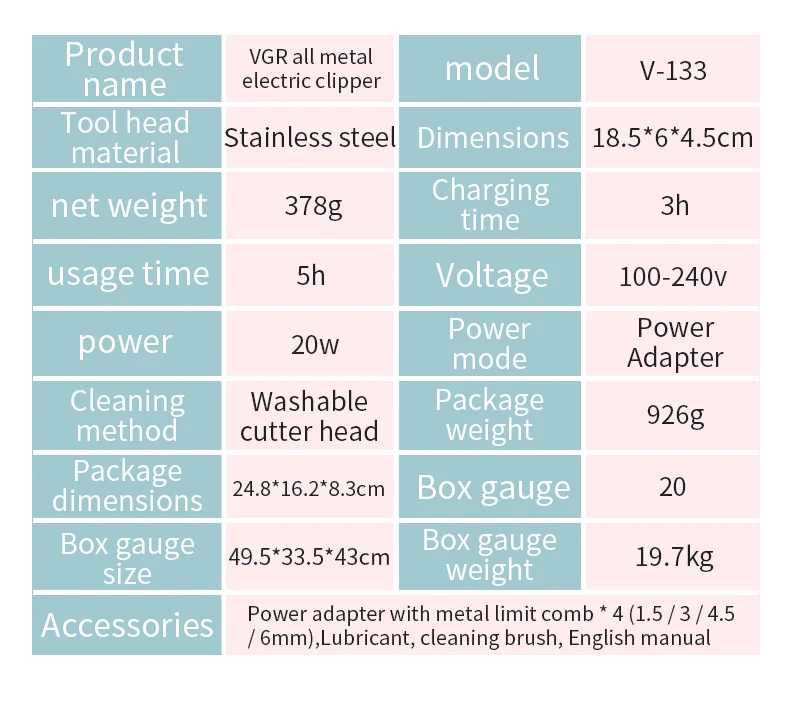 

VGR Metal Hair Trimmer Professional Hair Clipper Electric Hair Trimmer Cordless Haircut Shaver Beard Shaver Machine Salon Tools