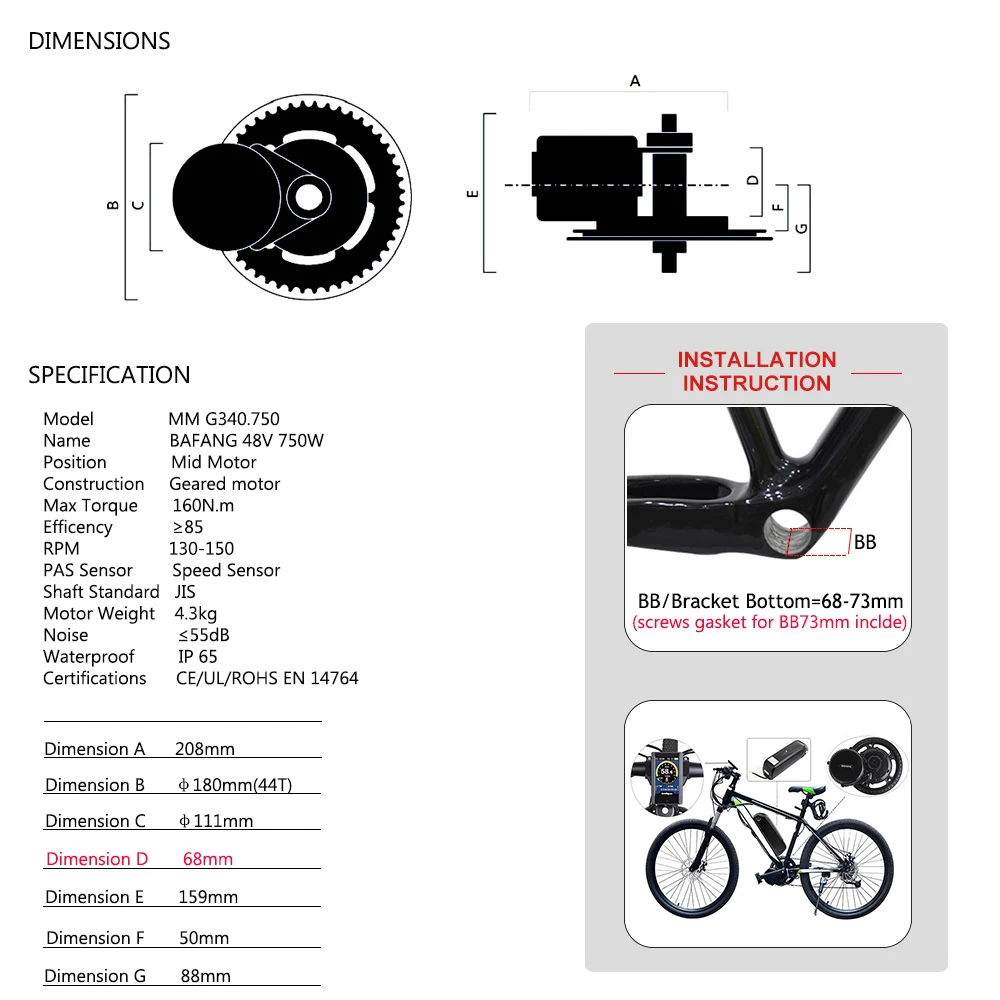 

48V 750W Bafang BBS02B Mid Drive Motor Electric Bicycle Ebike Conversion Kits 68-73mm E-bike 8FUN Powerful Engine Latest Versio