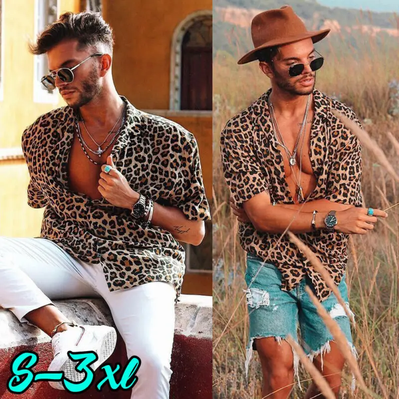 

Hot Men's Leopard Short Sleeve Shirt Summer Cool Loose Fashion Casual Turn-Down Collar Shirts Tops