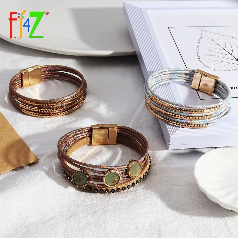 

F.J4Z New Multi-layers Leather Bracelet Fashion Punk Stone Golden Tube Cuff Bangles & Bracelets Hand Jewelry Gifts Dropship