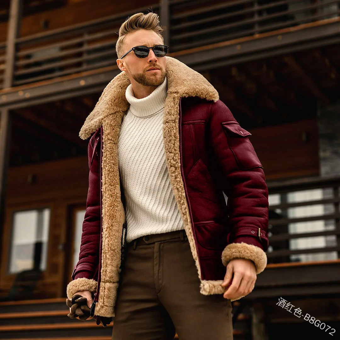 

Men Coat Fall/winter Keep Warm PU Leather Casual Loose Lapel Fur One Solid Color Zipper Motorcycle Pockets Coat Cotton Coat
