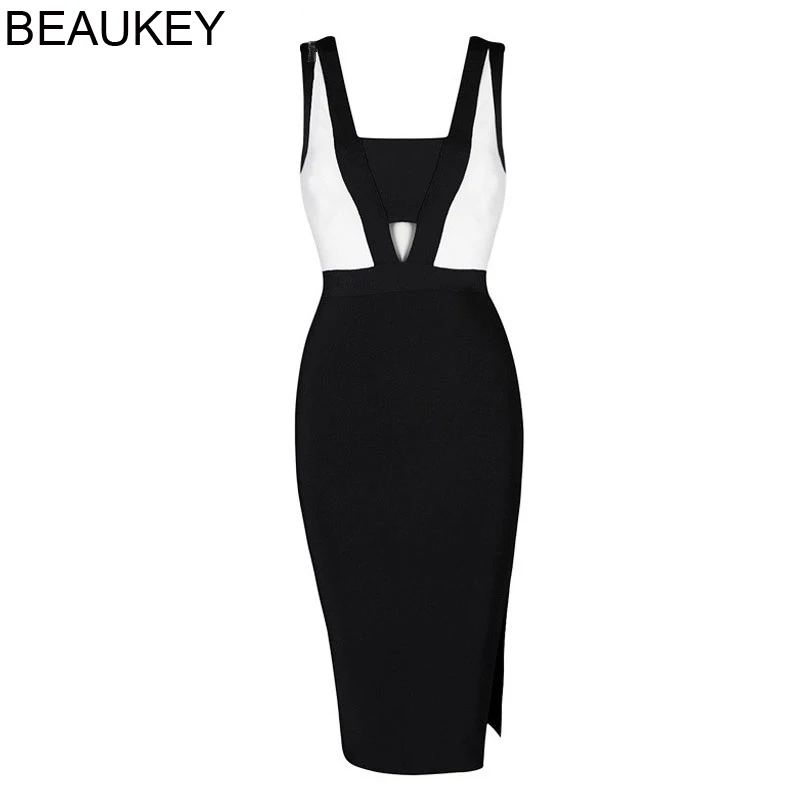 Женское трикотажное платье BEAUKEY черно-белое эластичное облегающее из вискозы с
