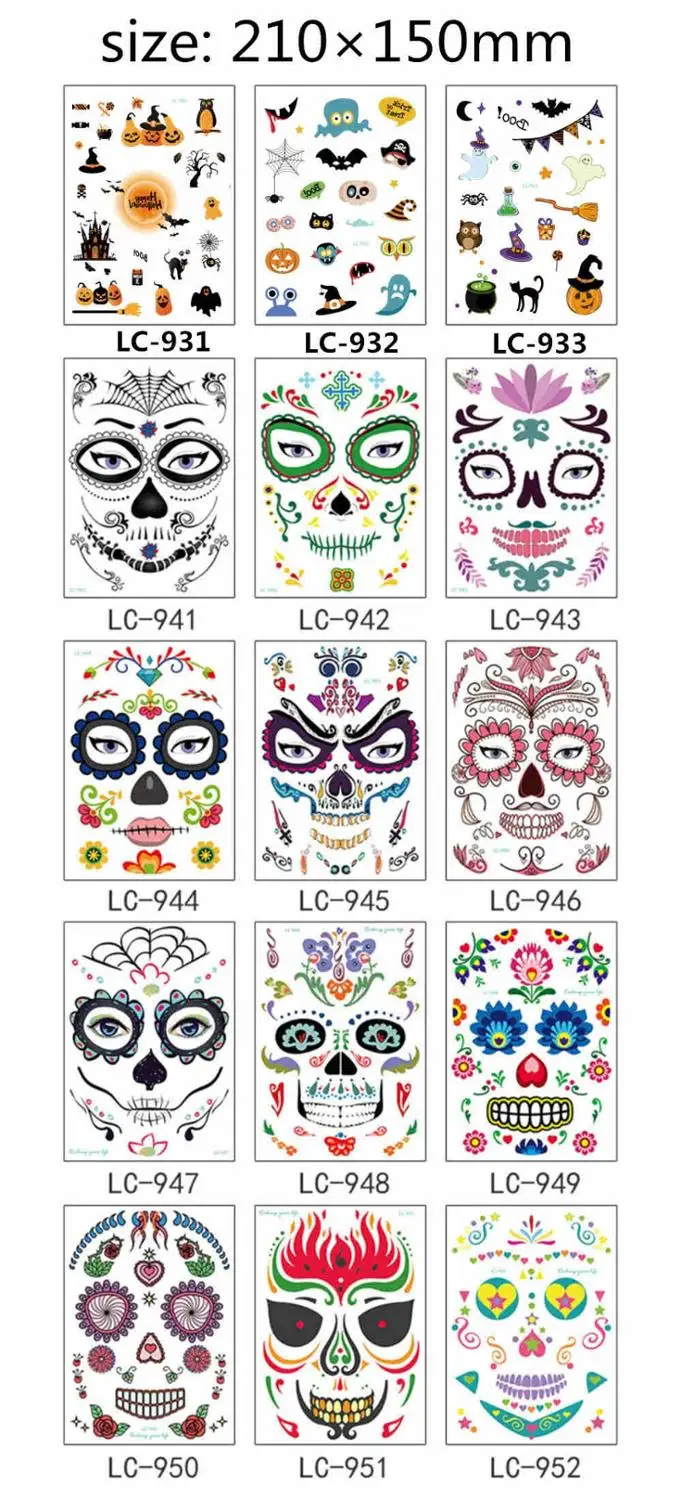 15pcs LC face tattoo Маска временные татуировки наклейки День мертвых череп лицо Хэллоуин вечерние красивые татуировки водонепроницаемый передачи боди-арт - Цвет: 15pcs LC face tattoo
