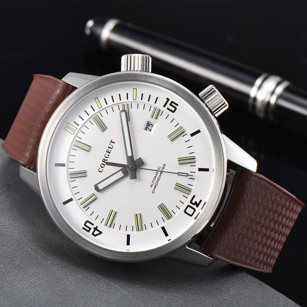 

Corgeut Mens Watch 44.5MM White Dial Miyota8215 Automatic Date Sport 316L Case Waterproof Relogio Masculino Mechanical Watches
