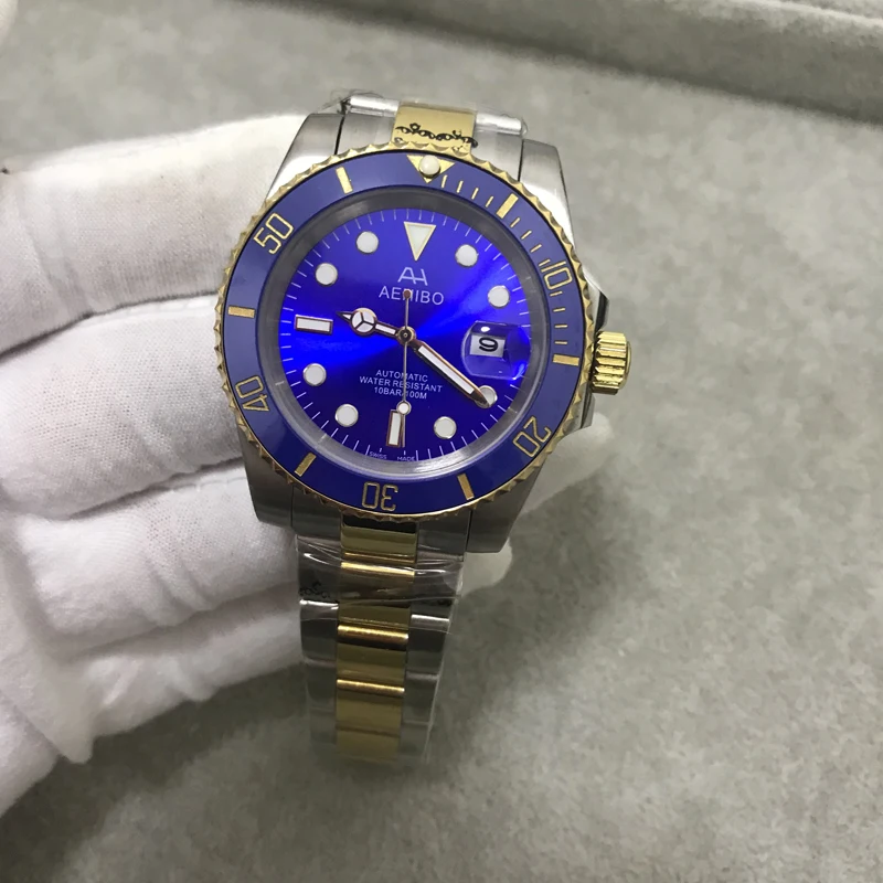 

AH AEHIBO Luxury Mens Watch Automatic Gold Stainless Steel Waterproof Blue Dial Sapphire Crystal Ceramic Bezel Glide Lock