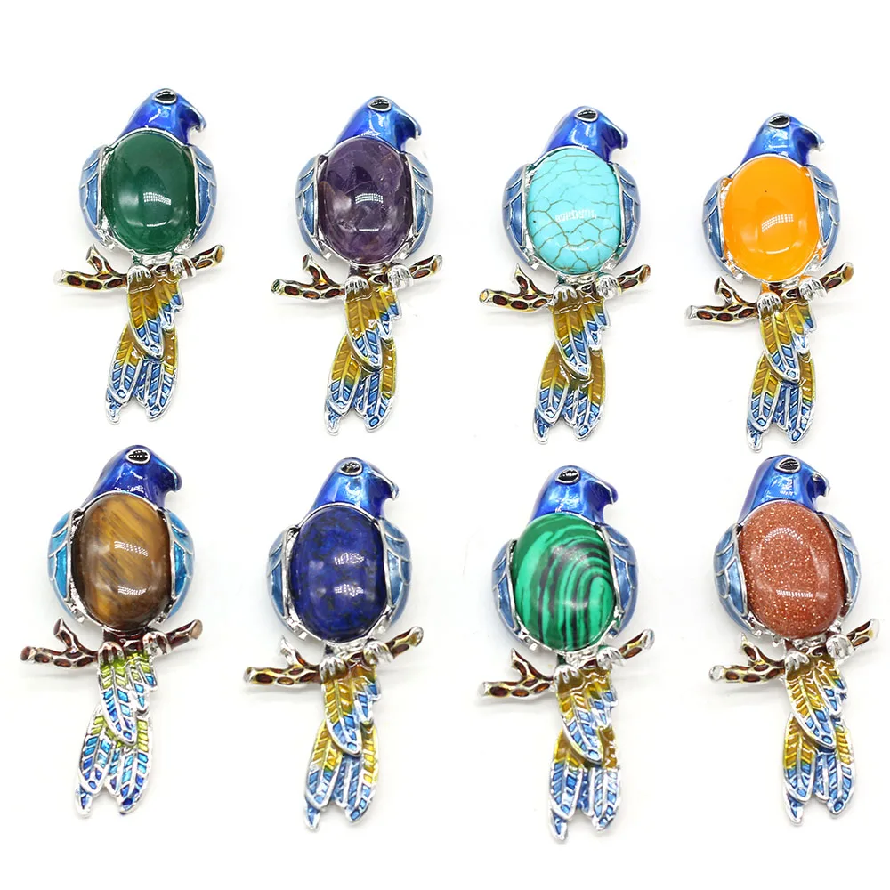 

Natural Stone Brooch Pendant Cloisonne Parrot Shape For DIY Brooch Dress Decoration Jewelry 25x67mm