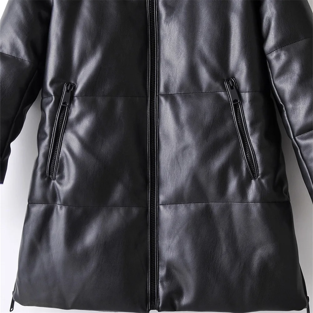 

2020 Winter Women New Hooded Long Sleeve Faux Leather Jacket Pockets Adjustable Hem Oversized Cotton coat