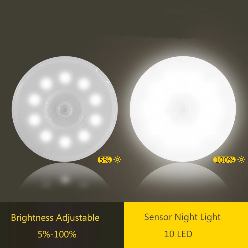 Lámpara nocturna LED con Sensor de movimiento PIR, recargable por USB, regulable, para dormitorio, cocina, armario, luz inalámbrica