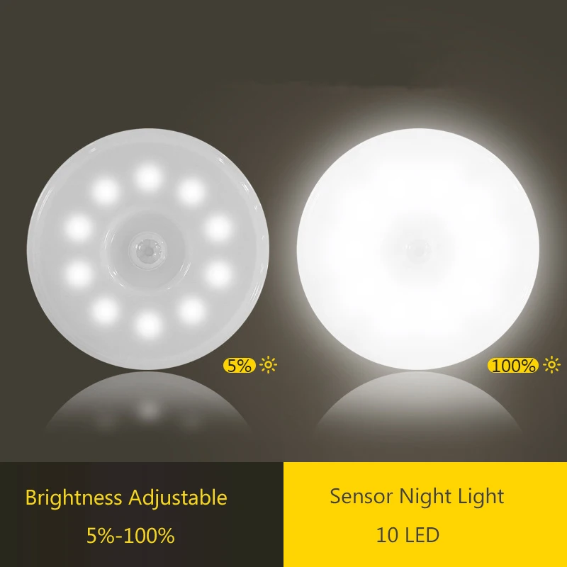PIR Motion Sensor LED Night Light USB Rechargeable Dimmable Lamp for Bedroom Kitchen Cabinet Wireless Closet | Лампы и освещение