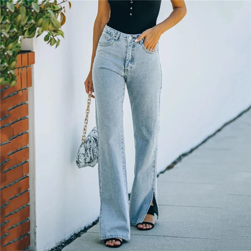 

High Waist Loose Women Jeans Autumn Oversized Boyfriend Pants Straight Bifurcated Denim Trousers Female Washed Blue Denim Jeans