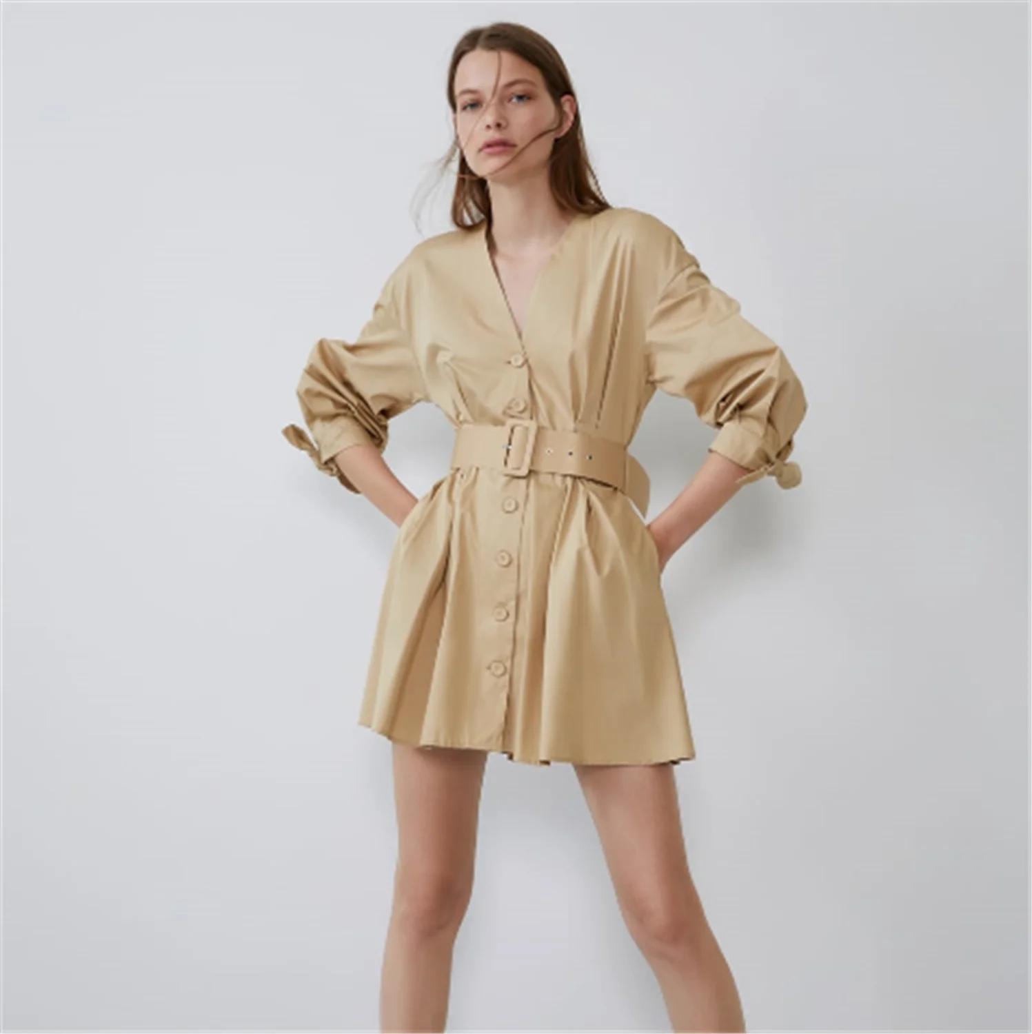 Женское плиссированное платье ZA короткое в богемном стиле с поясом v образным