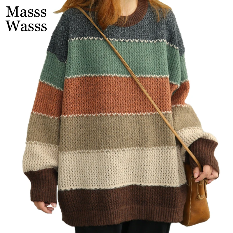 

Женский свободный свитер Masss Wasss, повседневный винтажный пуловер в европейском стиле с круглым вырезом, элегантный пуловер в стиле пэчворк, ...