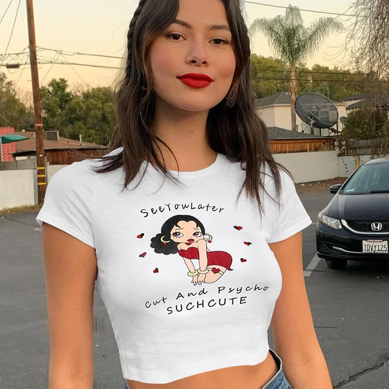 

ZOVSV Printed Summer White Short Sleeve Cropped Tshirt Women Casual Cute Basic T-shirt Ladies Y2K 90s Top Tee Streetwear