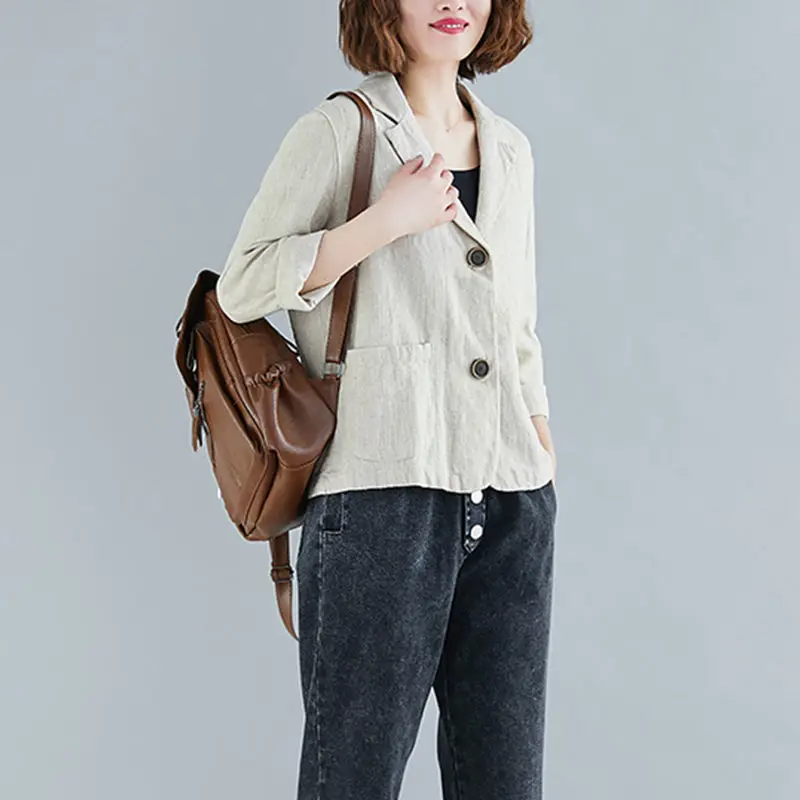 Пиджак женский короткий из хлопка и льна повседневный блейзер с воротником