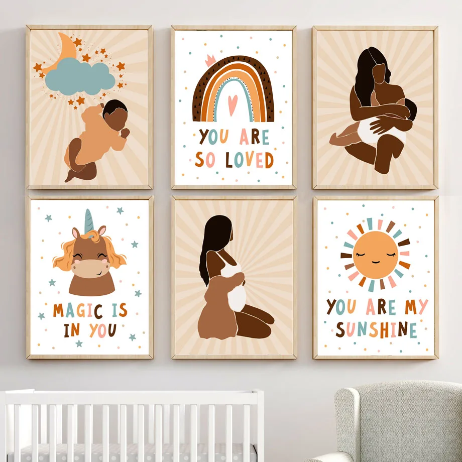 

Baby Mammy Rainbow Sun Cartoon Nordic Posters And Prints Wall Art Canvas Painting Pictures For Kids Room Bedroom Decoration
