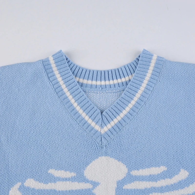 

Women Gothic Knitted Sleeveless Vest Harajuku Breastbone Pattern Loose Jumper Tank Top Casual Loose Fit V-Neck Sweater